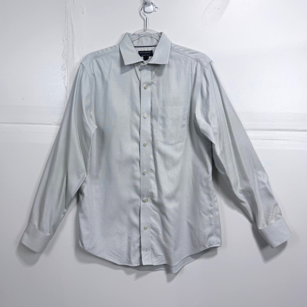 Banana Republic Mens Slim Fit Non Iron Dress Shirt Light Blue Micro Check M Flaw